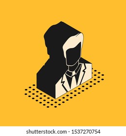 Isometric User of man in business suit icon isolated on yellow background. Business avatar symbol - user profile icon. Male user sign.  Vector Illustration