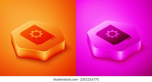 Isometrisches Benutzerhandbuch einzeln auf orangefarbenem und rosafarbenem Hintergrund. Benutzerhandbuch. Hinweisschild. Lesen Sie vor der Anwendung. Hexagon-Taste. Vektorgrafik