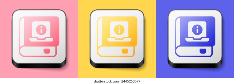 Isometric User manual icon isolated on pink, yellow and blue background. User guide book. Instruction sign. Read before use. Square button. Vector