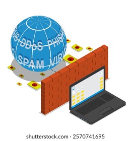 Isometric user portable laptop protected by software firewall. Global network telecommunications security. 3D vector isolated on white background top view at an angle