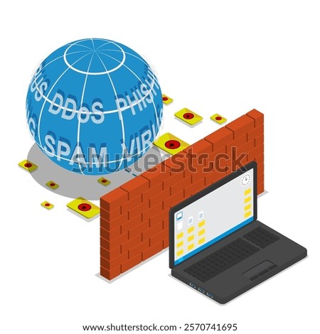 Isometric user portable laptop protected by software firewall. Global network telecommunications security. 3D vector isolated on white background top view at an angle