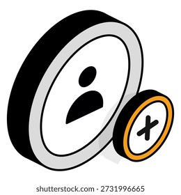 An isometric user profile icon next to a small circular "X" or "+" sign, representing account removal or user addition.