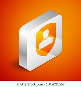 Isometric User protection icon isolated on orange background. Secure user login, password protected, personal data protection, authentication icon. Silver square button. Vector Illustration