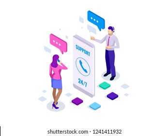 Isometric User Support Service Or Call Center. Customer Service Banner Vector Illustration.