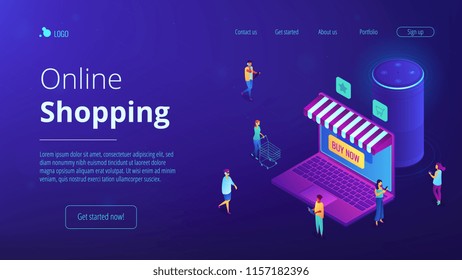 Isometric users buying in online store, laptop screen and voice assistant landing page. Online shopping and service, mobile marketing concept. Blue violet background. Vector 3d isometric illustration.