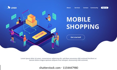 Isometric users buying online with tablets and shopping cart with boxes landing page. Online internet store, e-commerce and marketing concept. Blue violet background. Vector 3d isometric illustration.