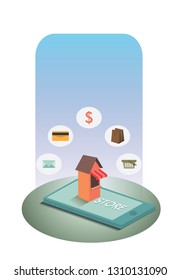 Isometric users buying online with tablets and shopping cart with boxes landing page. Online internet store, e-commerce and marketing concept. Blue green background. Vector 3d isometric illustration.