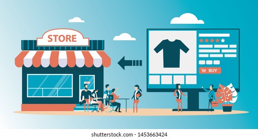 Isometric users buying online with tablets and shopping cart with boxes landing page. Online internet store, e-commerce and marketing concept. Blue violet background. Vector 3d isometric illustration.