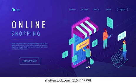 Isometric users doing shopping online with mobile phone landing page. Mobile shopping, ordering and buying online, e-commerce concept. Blue violet background. Vector 3d isometric illustration.