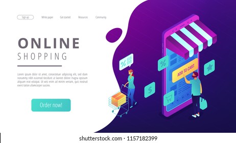 Isometric users doing shopping online with smartphones landing page. Mobile shopping, ordering and buying online, online marketing concept. Ultra violet background. Vector 3d isometric illustration. Isometric users doing shopping online with smartphones landing page. Mobile shopping, ordering and buying online, online marketing concept. Ultra violet background. Vector 3d isometric illustration.