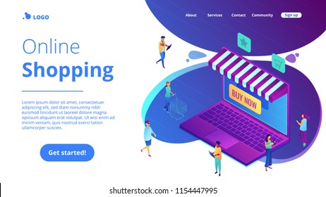 Isometric users with gadgets buying in online store and laptop screen landing page. Online shopping, mobile marketing and purchase concept. Blue violet background. Vector 3d isometric illustration.