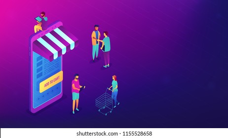 Isometric users with gadgets shopping online. Internet shopping, e-commerce and technology, online marketing and purchase concept. Ultra violet background. Vector 3d isometric illustration.