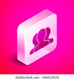 Isometric Users group icon isolated on pink background. Group of people icon. Business avatar symbol - users profile icon. Silver square button. Vector Illustration