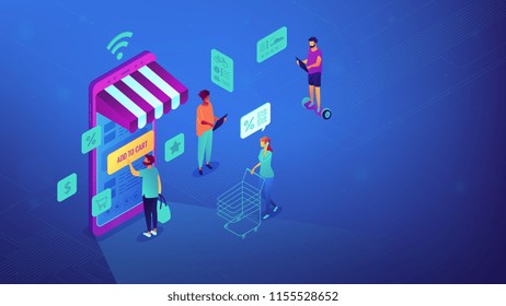 Isometric users shopping with mobile phone and Wi-Fi. Mobile phone internet shop, e-commerce and online store, online marketing concept. Blue violet background. Vector 3d isometric illustration.