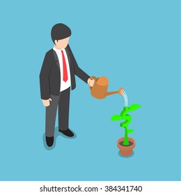 Isometric usinessman watering dollar flower plant, financial growth, investment concept, VECTOR, EPS10