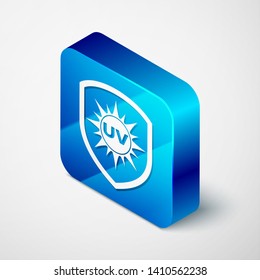 Isometric UV protection icon isolated on white background. Ultra violet rays radiation. SPF sun sign. Blue square button. Vector Illustration