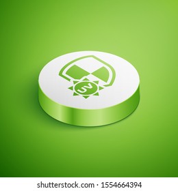 Isometric UV protection icon isolated on green background. Sun and shield. Ultra violet rays radiation. SPF sun sign. White circle button. Vector Illustration