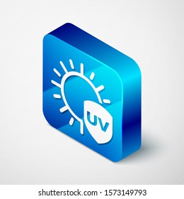 Isometric UV protection icon isolated on white background. Sun and shield. Ultra violet rays radiation. SPF sun sign. Blue square button. Vector Illustration