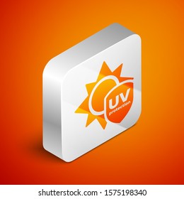 Isometric UV protection icon isolated on orange background. Sun and shield. Ultra violet rays radiation. SPF sun sign. Silver square button. Vector Illustration