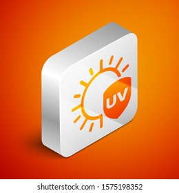 Isometric UV protection icon isolated on orange background. Sun and shield. Ultra violet rays radiation. SPF sun sign. Silver square button. Vector Illustration