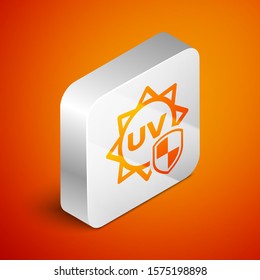 Isometric UV protection icon isolated on orange background. Sun and shield. Ultra violet rays radiation. SPF sun sign. Silver square button. Vector Illustration