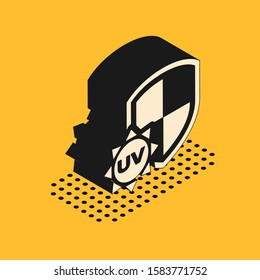 Isometric UV protection icon isolated on yellow background. Sun and shield. Ultra violet rays radiation. SPF sun sign.  Vector Illustration
