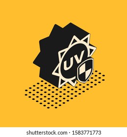 Isometric UV protection icon isolated on yellow background. Sun and shield. Ultra violet rays radiation. SPF sun sign.  Vector Illustration