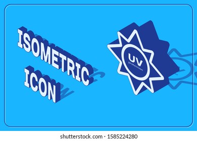 Isometric UV protection icon isolated on blue background. Ultra violet rays radiation. SPF sun sign.  Vector Illustration