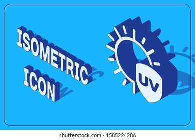 Isometric UV protection icon isolated on blue background. Sun and shield. Ultra violet rays radiation. SPF sun sign.  Vector Illustration