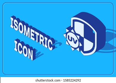 Isometric UV protection icon isolated on blue background. Sun and shield. Ultra violet rays radiation. SPF sun sign.  Vector Illustration
