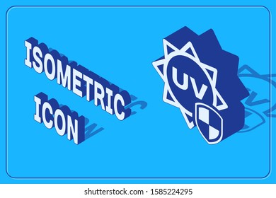 Isometric UV protection icon isolated on blue background. Sun and shield. Ultra violet rays radiation. SPF sun sign.  Vector Illustration