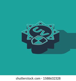 Isometric UV protection icon isolated on green background. Sun and shield. Ultra violet rays radiation. SPF sun sign.  Vector Illustration
