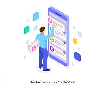 Isometric Ux App Development And Holding Smartphone. User Experience. Website Design And Development.