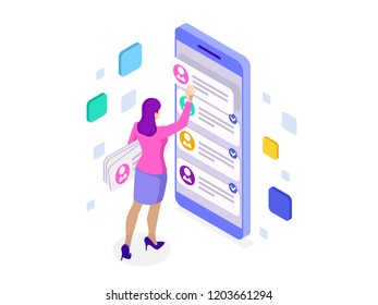 Isometric ux app development and holding smartphone. User experience. Website design and development.