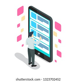 Isometric ux app development and holding smartphone. User experience. Website design and development - Illustration