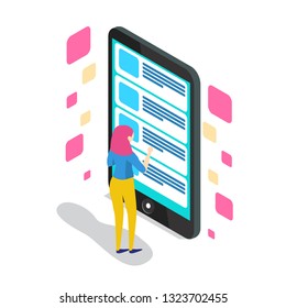 Isometric ux app development and holding smartphone. User experience. Website design and development - Illustration