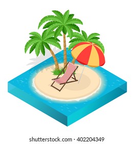 Isometric Vacation icon. Summer vacation. Turquoise sea, deckchairs, white sand and palms, sun, very beautiful nature. Two beach lounge chairs under tent on beach.