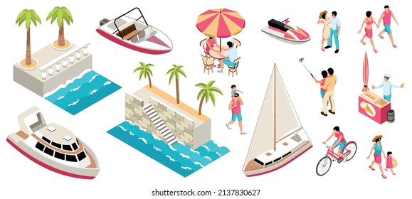 Isometric vacation sea color set of isolated icons with embankment palms sail boats and happy tourists vector illustration