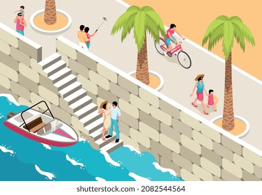 Isometric vacation sea horizontal composition with outdoor promenade scenery with people and stairs to cutter boat vector illustration