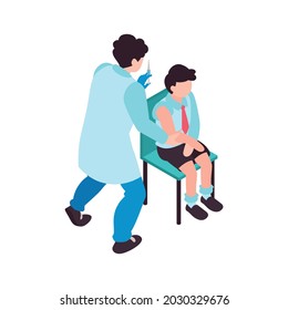 Isometric vaccination color composition with schoolboy sitting on chair and nurse holding syringe vector illustration