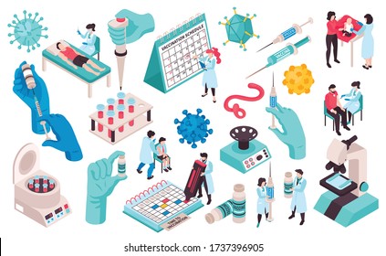 Isometric vaccination color set with isolated icons of virus molecules syringe images test tubes and people vector illustration