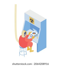 Isometric vaccination composition with human character in chemical protection suit in laboratory environment vector illustration