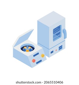 Isometric vaccination composition with images of lab equipment for vaccine preparation vector illustration