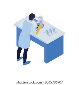 Isometric vaccination composition with scientist looking in microscope with test tubes vector illustration