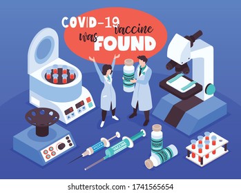 Isometric vaccination coronavirus composition with happy doctor characters laboratory equipment and covid-19 vaccine tube images vector illustration