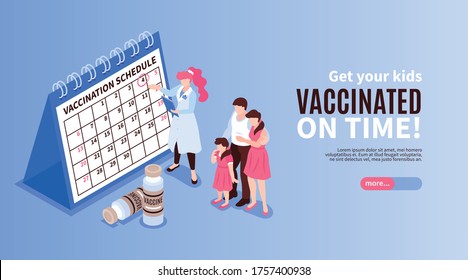 Isometric vaccination horizontal banner with human characters with vaccine schedule calendar editable text and more button vector illustration