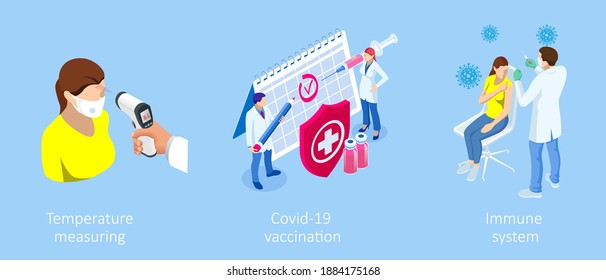 Isometric Vaccination and Immunization, Time to vaccinate, Online medical advise, medical prescription concept. Medicine industry.