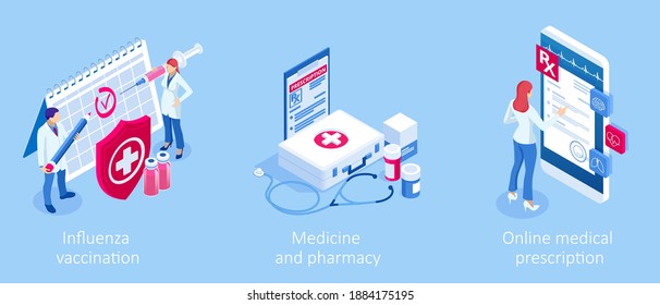 Isometric Vaccination and Immunization, Time to vaccinate, Online medical advise, medical prescription concept. Medicine industry.