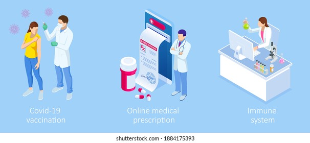 Isometric Vaccination and Immunization, Time to vaccinate, Online medical advise, medical prescription concept. Medicine industry.