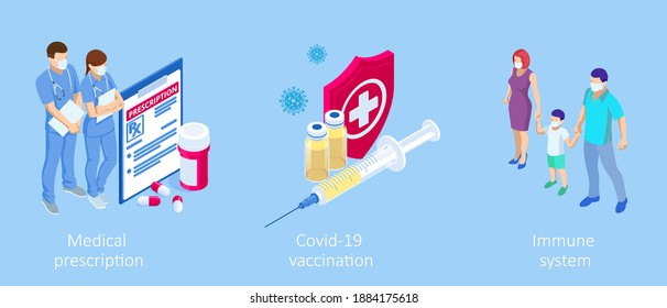 Isometric Vaccination and Immunization, Time to vaccinate, Online medical advise, medical prescription concept. Medicine industry.